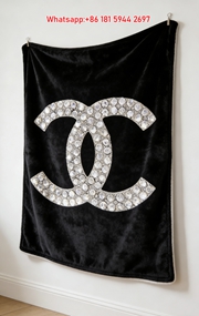 Chanel Crystal CC Logo Silhouette Flannel Sofa Throw Blanket IMG_6759
